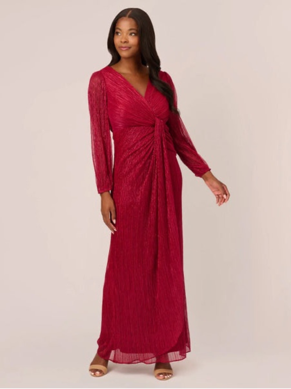Adrianna Papell Crimson Twist-Front Long Sleeve Maxi Dress